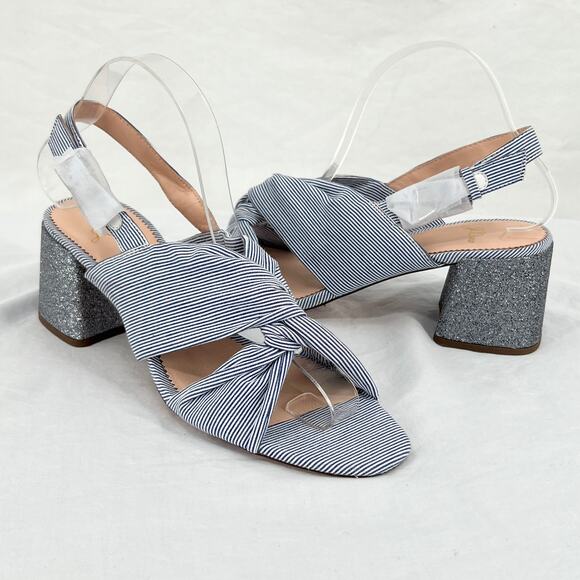 J. CREW Twisted-Knot Penny Sandals 8.5 Blue White Pinstripe Glitter Block Heel - Picture 10 of 10